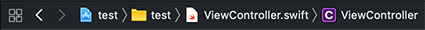 Barra de navegação do editor de código do Xcode, mostrando a hierarquia: projeto “Test”, grupo “test”, arquivo “ViewController.swift” e classe “ViewController”