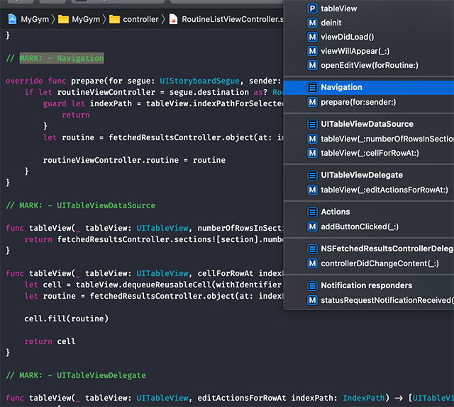 Screenshot do Xcode após clicar a barra de navegação, exibindo os vários pontos indexados no código-fonte